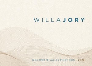 Willamette Valley Pinot Gris wine label with elegant wave design and modern typography.